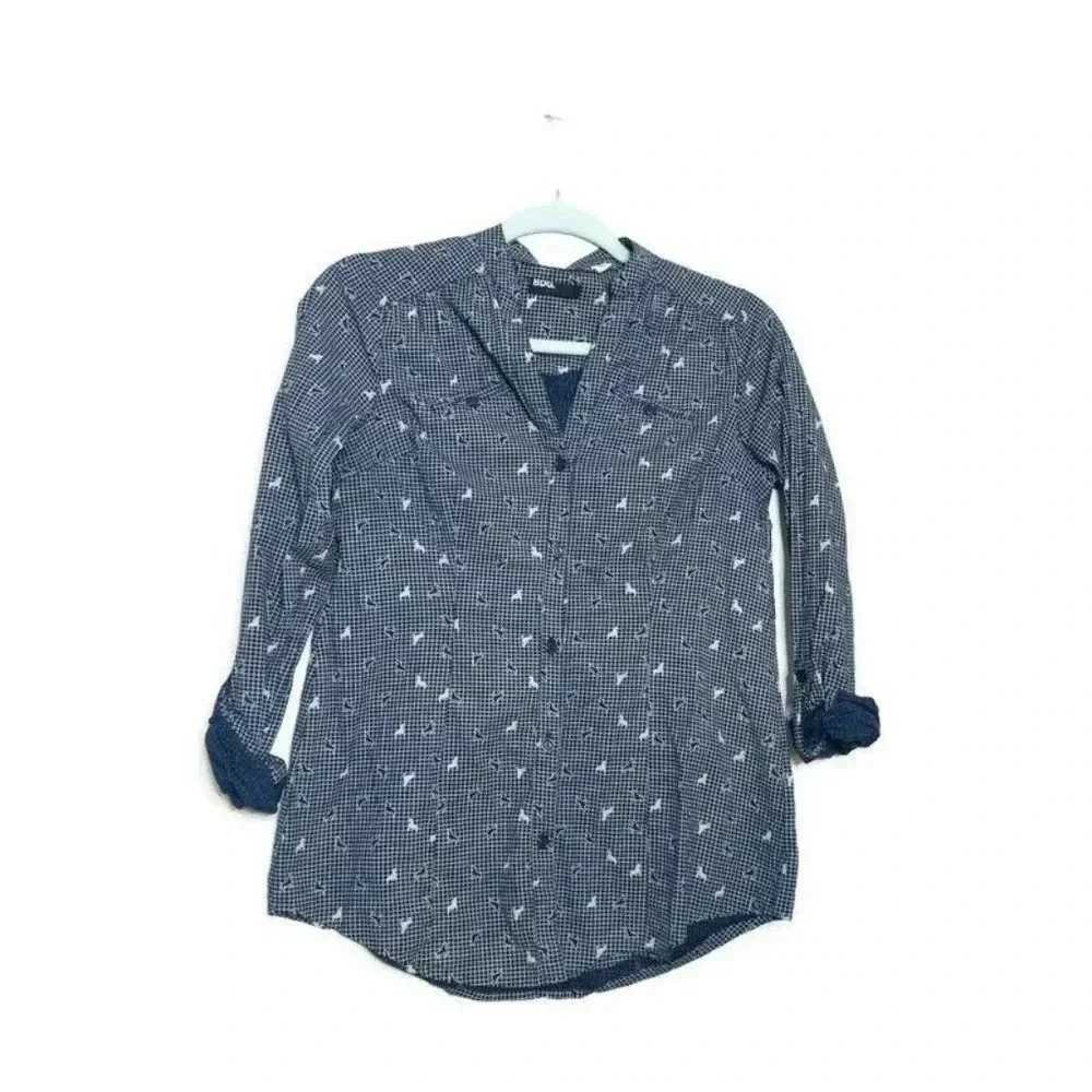 BDG Womens Equestrian Horse Dark Navy‎ Blue Grid Button Up SZ XS Western Novelty